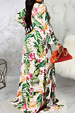 Orange Sexy Luxe Digital Print Long Sleeve V Neck Collect Waist Slit Maxi Dress SMR10476-1