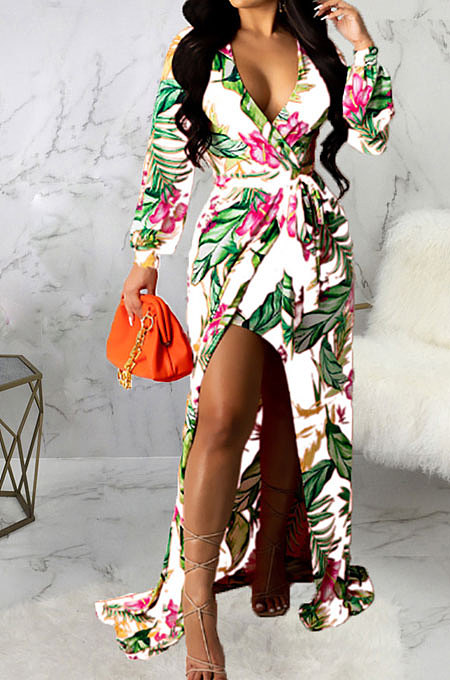 White Sexy Luxe Digital Print Long Sleeve V Neck Collect Waist Slit Maxi Dress SMR10476-3