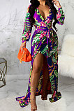 White Sexy Luxe Digital Print Long Sleeve V Neck Collect Waist Slit Maxi Dress SMR10476-3