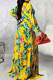 Red Sexy Luxe Digital Print Long Sleeve V Neck Collect Waist Slit Maxi Dress SMR10476-4