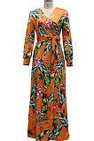 Orange Sexy Luxe Digital Print Long Sleeve V Neck Collect Waist Slit Maxi Dress SMR10476-1