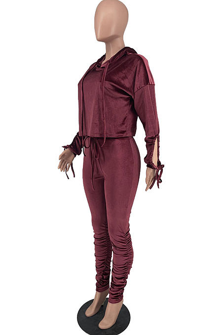 Pink Winter Velvet Long Sleeve Hoodie Drawsting Ruffle Pants Two-Piece ZNN9112-1