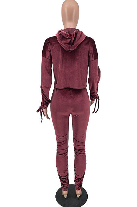 Pink Winter Velvet Long Sleeve Hoodie Drawsting Ruffle Pants Two-Piece ZNN9112-1