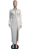 Sky Blue Ribber Pure Color Long Sleeve Lapel Neck Button Front  Slim Fitting Slit Dress JG059-1