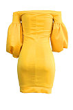 Yellow Euramerican Women Pure Color Off Shoulder Sexy Lantern Sleeve Mid Waist Mini Dress R6129-2