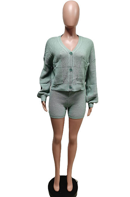 Orange Cute Simple Long Sleeve V Neck Cardigan Tops Shorts Solid Color Sweater Sets F88393-2