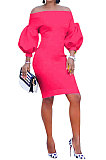 Black Euramerican Women Pure Color Off Shoulder Sexy Lantern Sleeve Mid Waist Mini Dress R6129-5