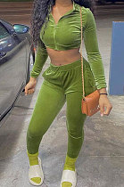 Neon Green Euramerican Women Pleuche Solid Color Casual Crop Zipper Pants Sets SMY81119