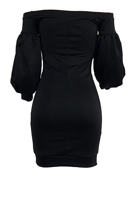 Yellow Euramerican Women Pure Color Off Shoulder Sexy Lantern Sleeve Mid Waist Mini Dress R6129-2