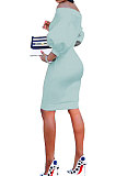 Wine Red Euramerican Women Pure Color Off Shoulder Sexy Lantern Sleeve Mid Waist Mini Dress R6129-4