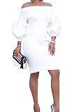 Wine Red Euramerican Women Pure Color Off Shoulder Sexy Lantern Sleeve Mid Waist Mini Dress R6129-4