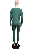 Rose Red Autumn Winter Pure Color Lantern Sleeve Loose Tops Pencil Pants Sport Sets F88394-1