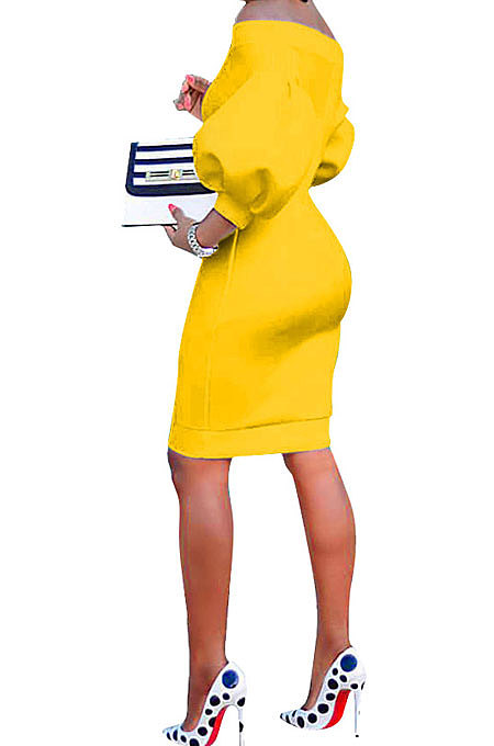 Black Euramerican Women Pure Color Off Shoulder Sexy Lantern Sleeve Mid Waist Mini Dress R6129-5