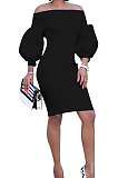Coffee Euramerican Women Pure Color Off Shoulder Sexy Lantern Sleeve Mid Waist Mini Dress R6129-11
