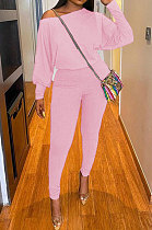Pink Autumn Winter Pure Color Lantern Sleeve Loose Tops Pencil Pants Sport Sets F88394-4