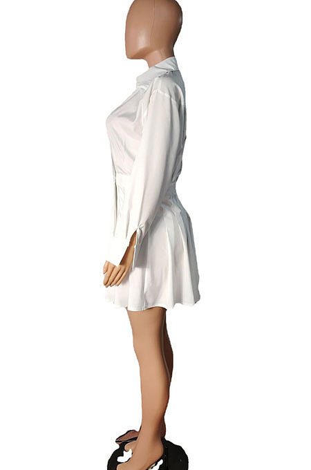 White Women Fashion Sexy Long Sleeve Turn-Down Collar Solid Color Ruffle Mini Dress R6446