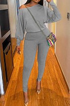 Gray Autumn Winter Pure Color Lantern Sleeve Loose Tops Pencil Pants Sport Sets F88394-5