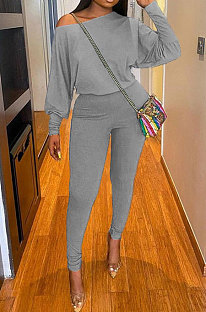 Gray Autumn Winter Pure Color Lantern Sleeve Loose Tops Pencil Pants Sport Sets F88394-5