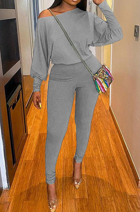 Gray Autumn Winter Pure Color Lantern Sleeve Loose Tops Pencil Pants Sport Sets F88394-5