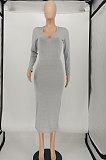 Black Women Pure Color U Collar Long Sleeve Sexy Mid Waist Midi Dress SMY81121-2