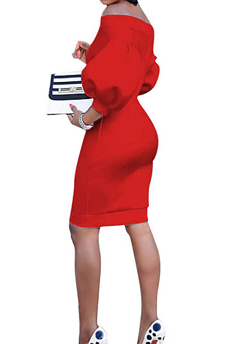 Red Euramerican Women Pure Color Off Shoulder Sexy Lantern Sleeve Mid Waist Mini Dress R6129-3