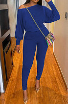 Royal Blue Autumn Winter Pure Color Lantern Sleeve Loose Tops Pencil Pants Sport Sets F88394-7