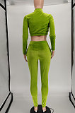 Neon Green Euramerican Women Pleuche Solid Color Casual Crop Zipper Pants Sets SMY81119