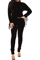 Black Winter Velvet Long Sleeve Hoodie Drawsting Ruffle Pants Two-Piece ZNN9112-3