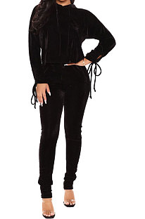 Black Winter Velvet Long Sleeve Hoodie Drawsting Ruffle Pants Two-Piece ZNN9112-3