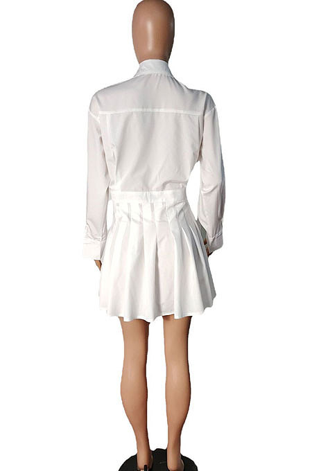 White Women Fashion Sexy Long Sleeve Turn-Down Collar Solid Color Ruffle Mini Dress R6446