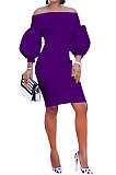 Sky Blue Euramerican Women Pure Color Off Shoulder Sexy Lantern Sleeve Mid Waist Mini Dress R6129-7