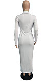 Sky Blue Ribber Pure Color Long Sleeve Lapel Neck Button Front  Slim Fitting Slit Dress JG059-1