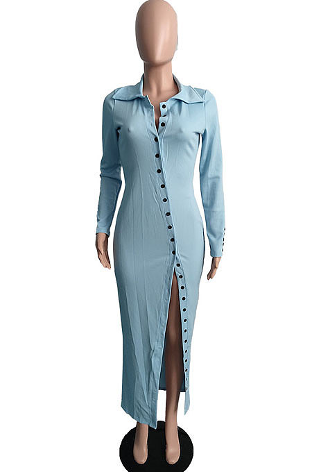 White Pure Color Long Sleeve Lapel Neck Button Front  Slim Fitting Slit Dress JG059-3
