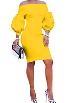 Yellow Euramerican Women Pure Color Off Shoulder Sexy Lantern Sleeve Mid Waist Mini Dress R6129-2