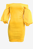 Dark Blue Euramerican Women Pure Color Off Shoulder Sexy Lantern Sleeve Mid Waist Mini Dress R6129-6