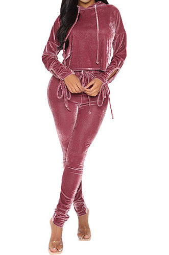 Pink Winter Velvet Long Sleeve Hoodie Drawsting Ruffle Pants Two-Piece ZNN9112-1