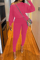Rose Red Autumn Winter Pure Color Lantern Sleeve Loose Tops Pencil Pants Sport Sets F88394-1