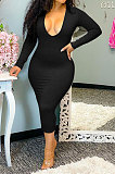 Black Women Pure Color U Collar Long Sleeve Sexy Mid Waist Midi Dress SMY81121-2