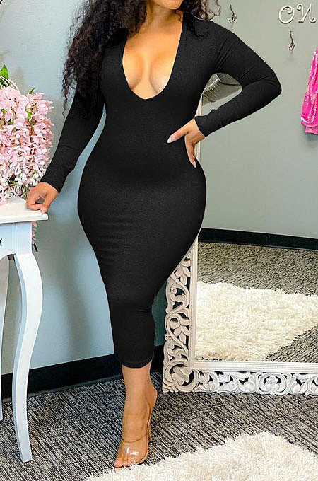 Black Women Pure Color U Collar Long Sleeve Sexy Mid Waist Midi Dress SMY81121-2