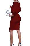 Red Euramerican Women Pure Color Off Shoulder Sexy Lantern Sleeve Mid Waist Mini Dress R6129-3