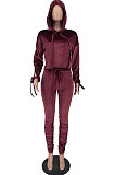 Black Winter Velvet Long Sleeve Hoodie Drawsting Ruffle Pants Two-Piece ZNN9112-3
