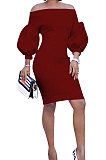 Yellow Euramerican Women Pure Color Off Shoulder Sexy Lantern Sleeve Mid Waist Mini Dress R6129-2