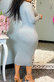 Gray Women Pure Color U Collar Long Sleeve Sexy Mid Waist Midi Dress SMY81121-1