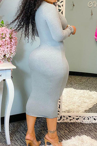 Gray Women Pure Color U Collar Long Sleeve Sexy Mid Waist Midi Dress SMY81121-1