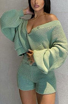 Green Cute Simple Long Sleeve V Neck Cardigan Tops Shorts Solid Color Sweater Sets F88393-1