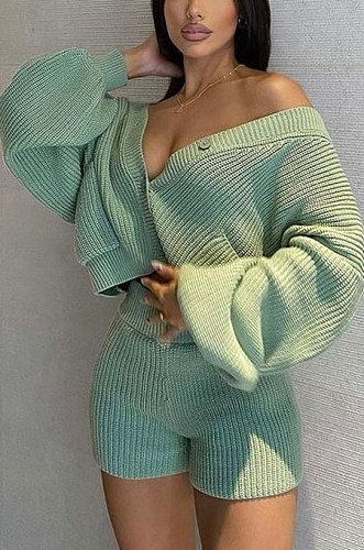 Green Cute Simple Long Sleeve V Neck Cardigan Tops Shorts Solid Color Sweater Sets F88393-1