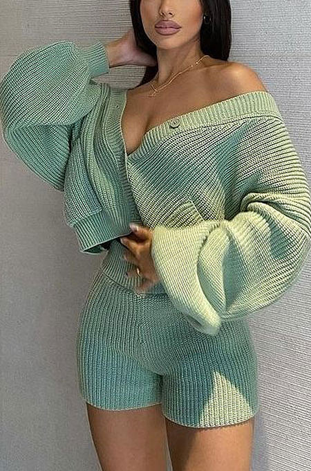 Green Cute Simple Long Sleeve V Neck Cardigan Tops Shorts Solid Color Sweater Sets F88393-1