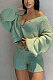 Green Cute Simple Long Sleeve V Neck Cardigan Tops Shorts Solid Color Sweater Sets F88393-1