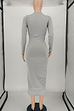 Black Women Pure Color U Collar Long Sleeve Sexy Mid Waist Midi Dress SMY81121-2