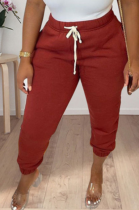 Brown Women Solid Color Thick Mid Waist Loose Pants PH13255-5